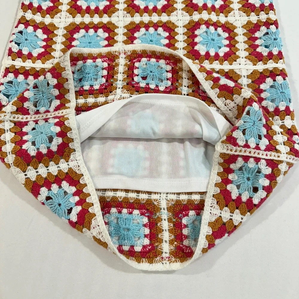 Willow & Wind Granny Square Crochet Mini Dress Women XS Multi Color Boho Folk